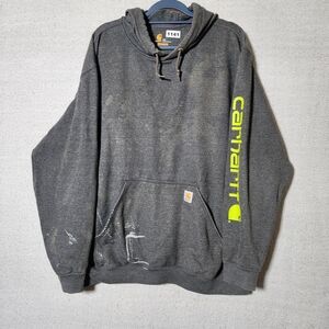 Carhartt Dark Gray 2XL Hoodie with Neon Accents Distressed And Paint Marks